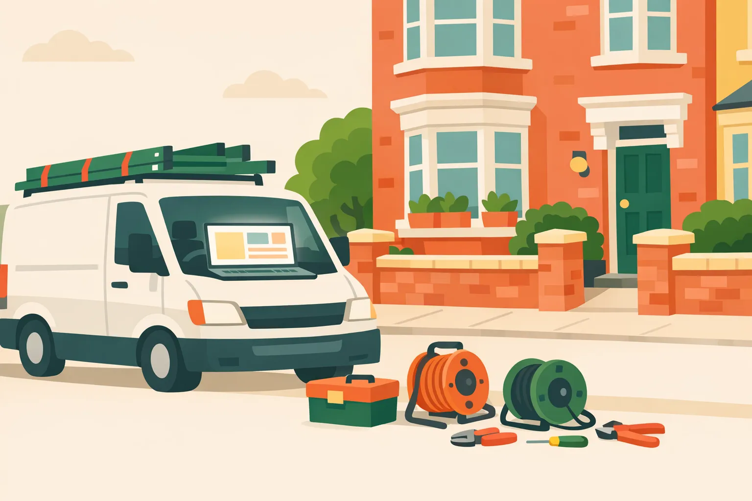 Illustration of an electrician's van and tools alongside a glowing website on a laptop