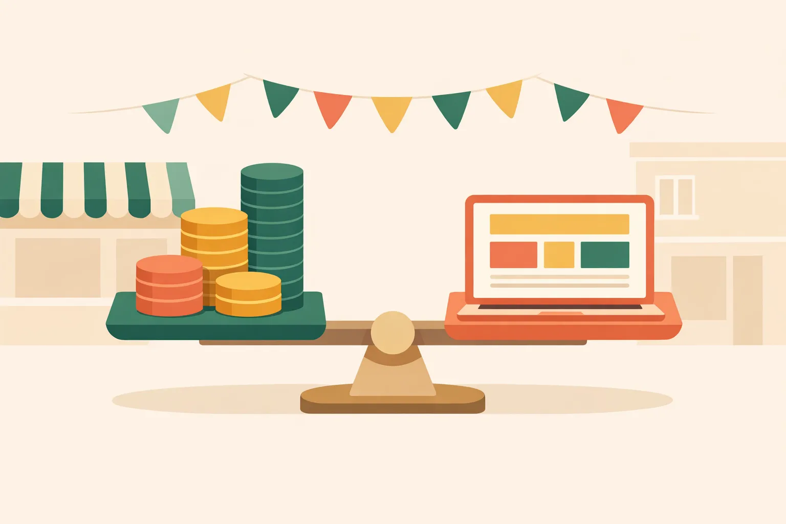 Illustration of British pound coins and a price tag next to a website mockup