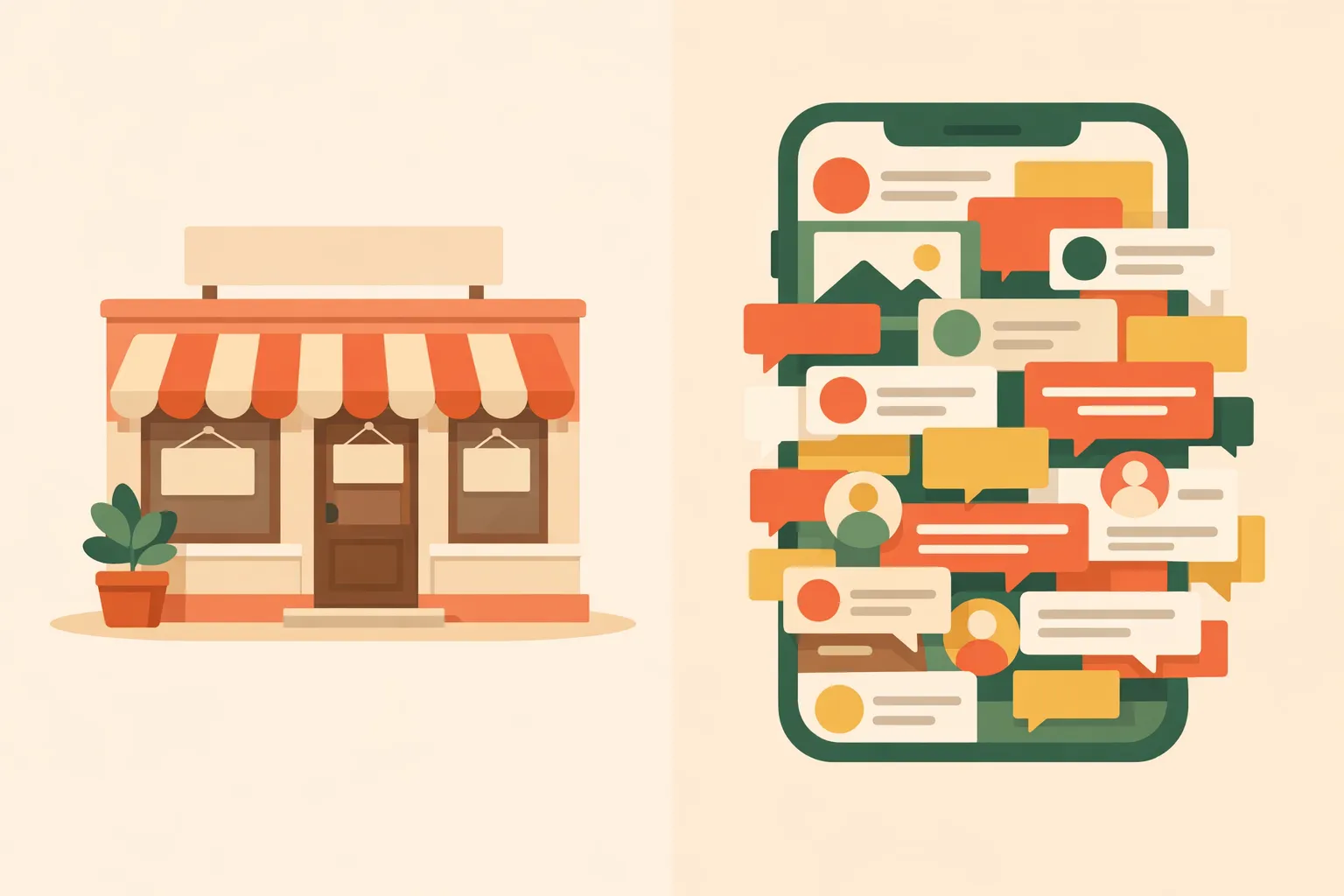 Illustration comparing a website storefront with a Facebook page on a phone