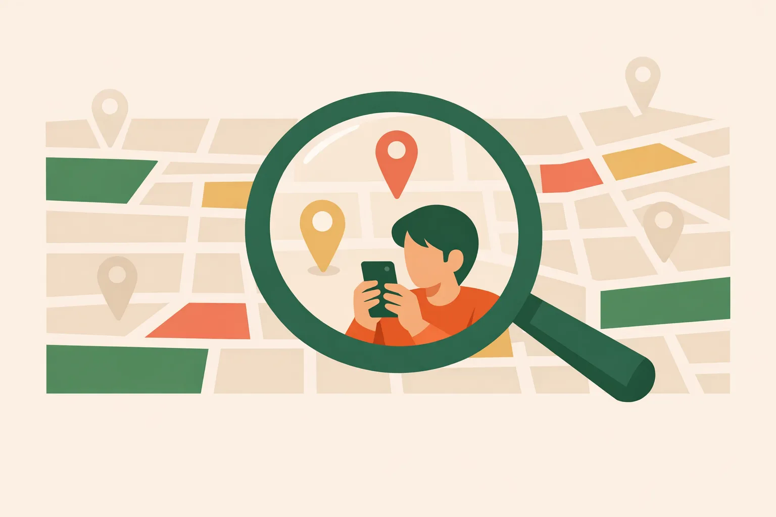 Illustration of a magnifying glass searching over a map with local business pins